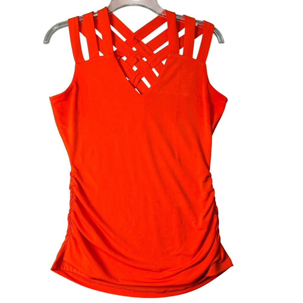 INC International‎ Concepts Festival Orange Red Lattice Ruched Sleeveless Top S